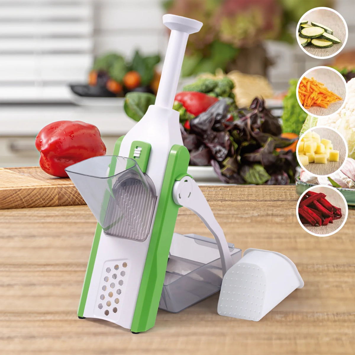 Cortador de verduras y patatas, 4 funciones en 1: corta en rodajas, bastones, juliana y cubos, con ajuste de grosor, cuchillas de acero inoxidable, fácil de usar y limpiar, hecho de materiales resistentes, ahorra tiempo y espacio