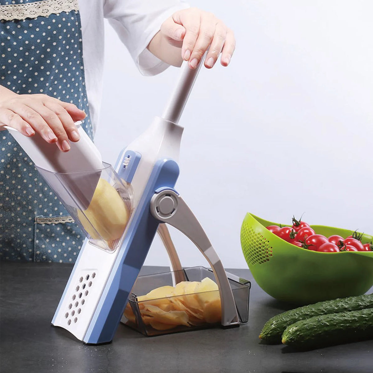 Cortador de verduras y patatas, 4 funciones en 1: corta en rodajas, bastones, juliana y cubos, con ajuste de grosor, cuchillas de acero inoxidable, fácil de usar y limpiar, hecho de materiales resistentes, ahorra tiempo y espacio