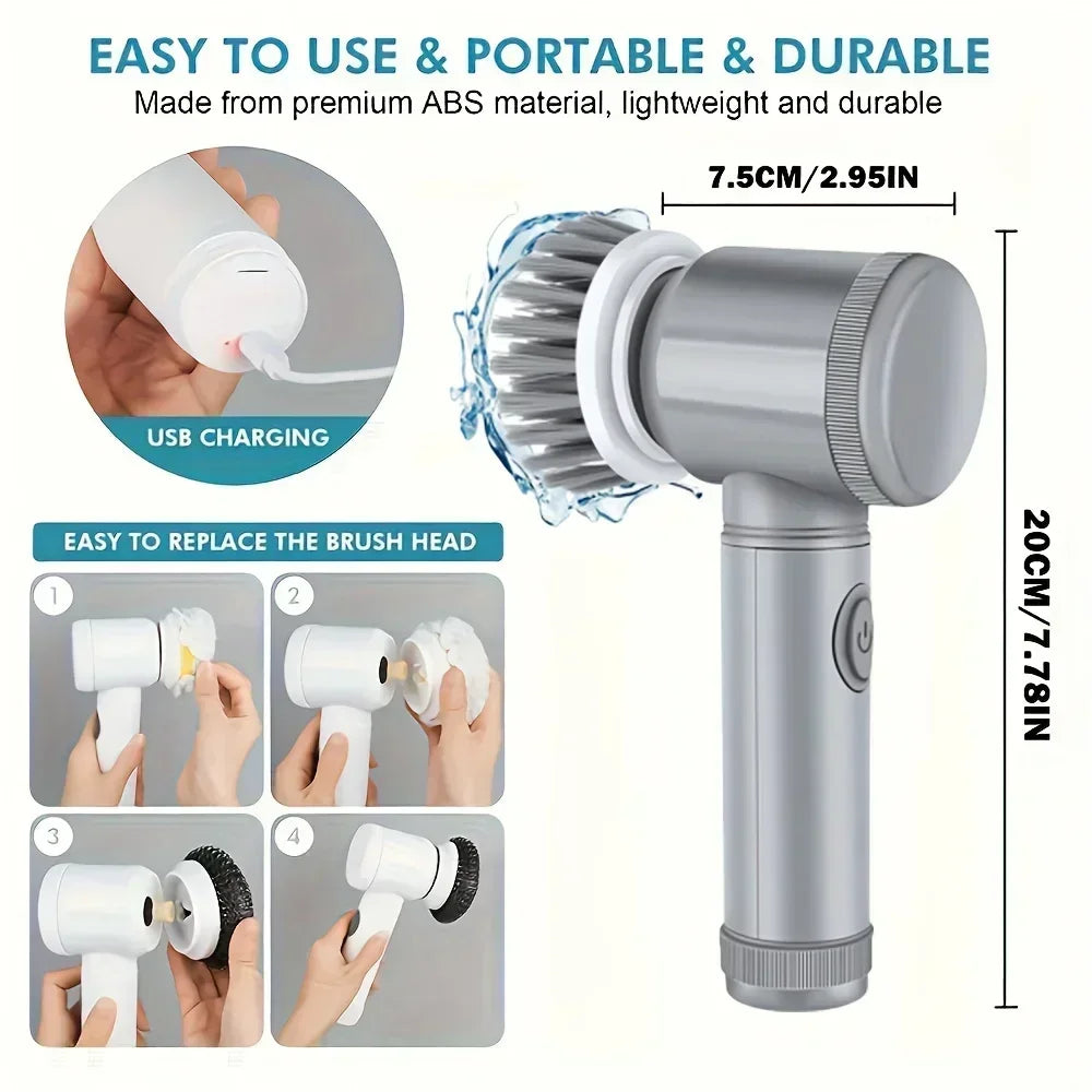 Cepillo Eléctrico Giratorio, Cepillo de Limpieza Inalámbrico para Baño con 5 Cabezas de Cepillo Reemplazables, Cepillo Eléctrico de Limpieza
