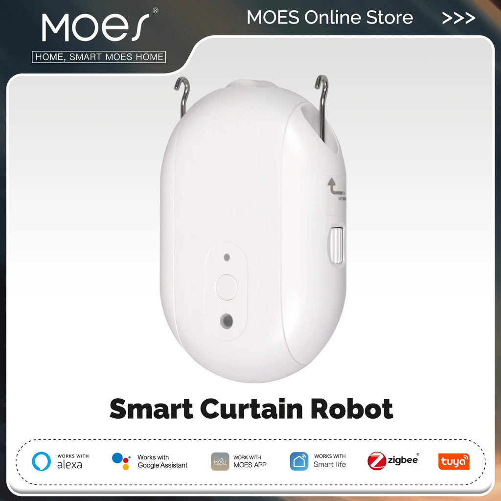 Robot de cortina eléctrica inteligente MOES Tuya ZigBee: apertura y cierre automáticos programables, sensor de luz, control por aplicación y compatibilidad con Alexa y Google Home.