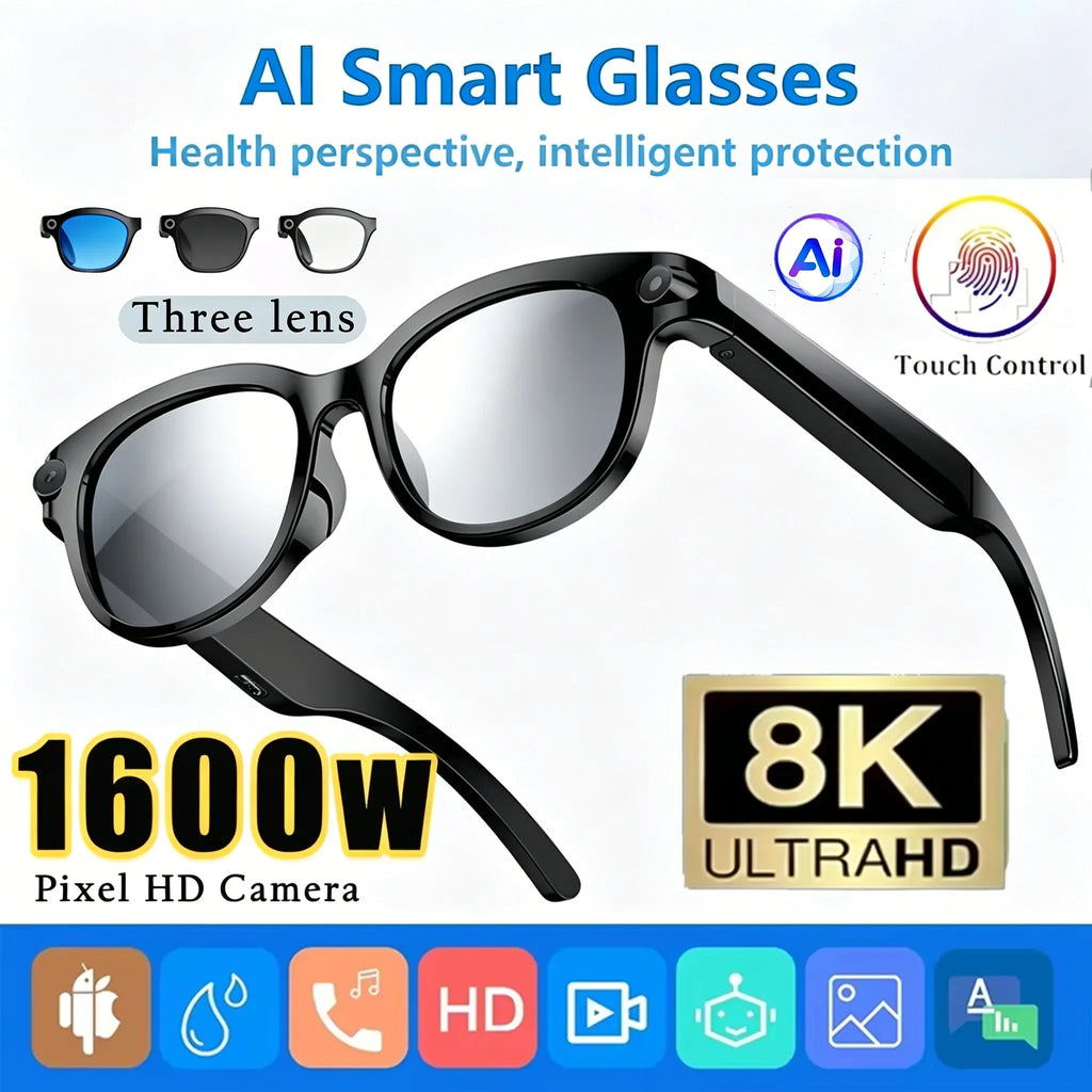 Gafas inteligentes con cámara AI Lenovo 8K HD 1600W Doble Traducción en tiempo real Llamadas por Bluetooth Grabación de audio y video Reproducción de música Gafas de sol 2026
