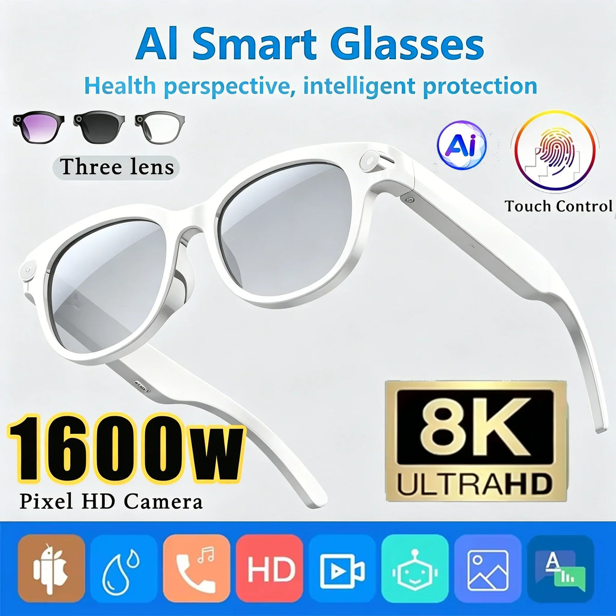 Gafas inteligentes con cámara AI Lenovo 8K HD 1600W Doble Traducción en tiempo real Llamadas por Bluetooth Grabación de audio y video Reproducción de música Gafas de sol 2026