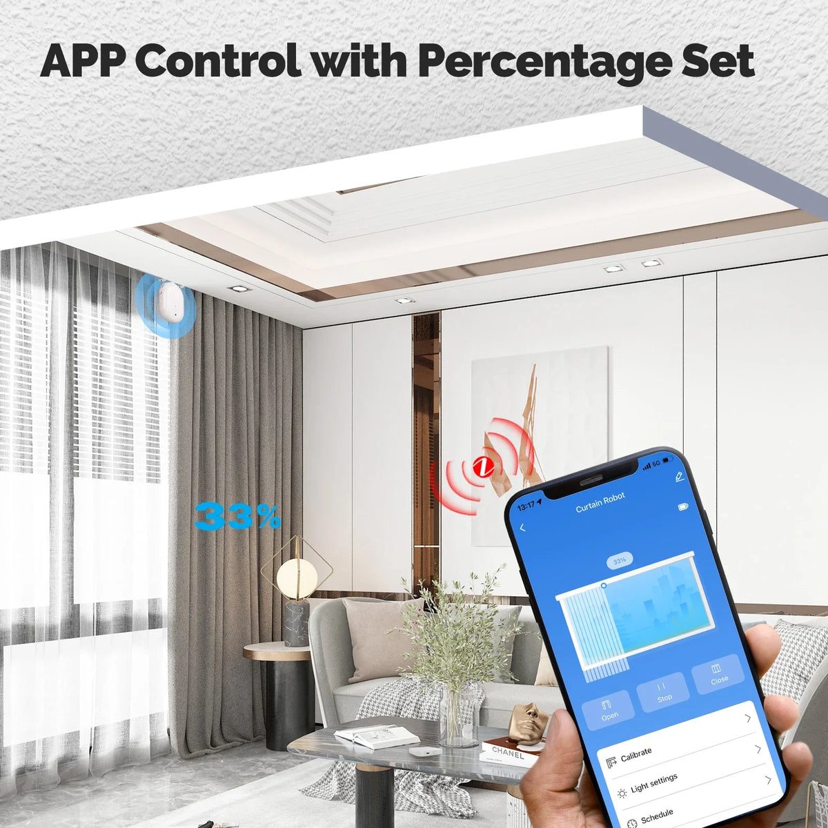Robot de cortina eléctrica inteligente MOES Tuya ZigBee: apertura y cierre automáticos programables, sensor de luz, control por aplicación y compatibilidad con Alexa y Google Home.