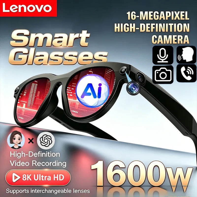 Gafas inteligentes con cámara AI Lenovo 8K HD 1600W Doble Traducción en tiempo real Llamadas por Bluetooth Grabación de audio y video Reproducción de música Gafas de sol 2026