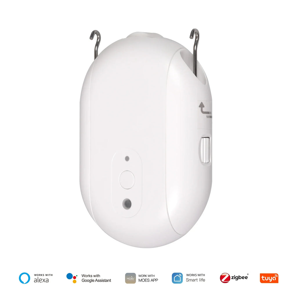 Robot de cortina eléctrica inteligente MOES Tuya ZigBee: apertura y cierre automáticos programables, sensor de luz, control por aplicación y compatibilidad con Alexa y Google Home.